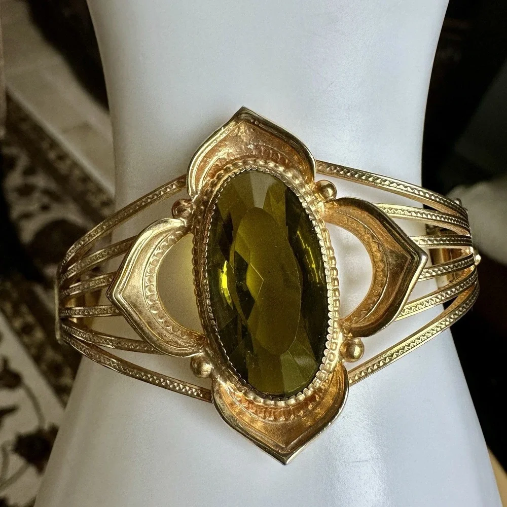 VTG Art Deco‎ Whiting Davis Bracelet 6 Inch Signed Green Glass Gold Plated Rare